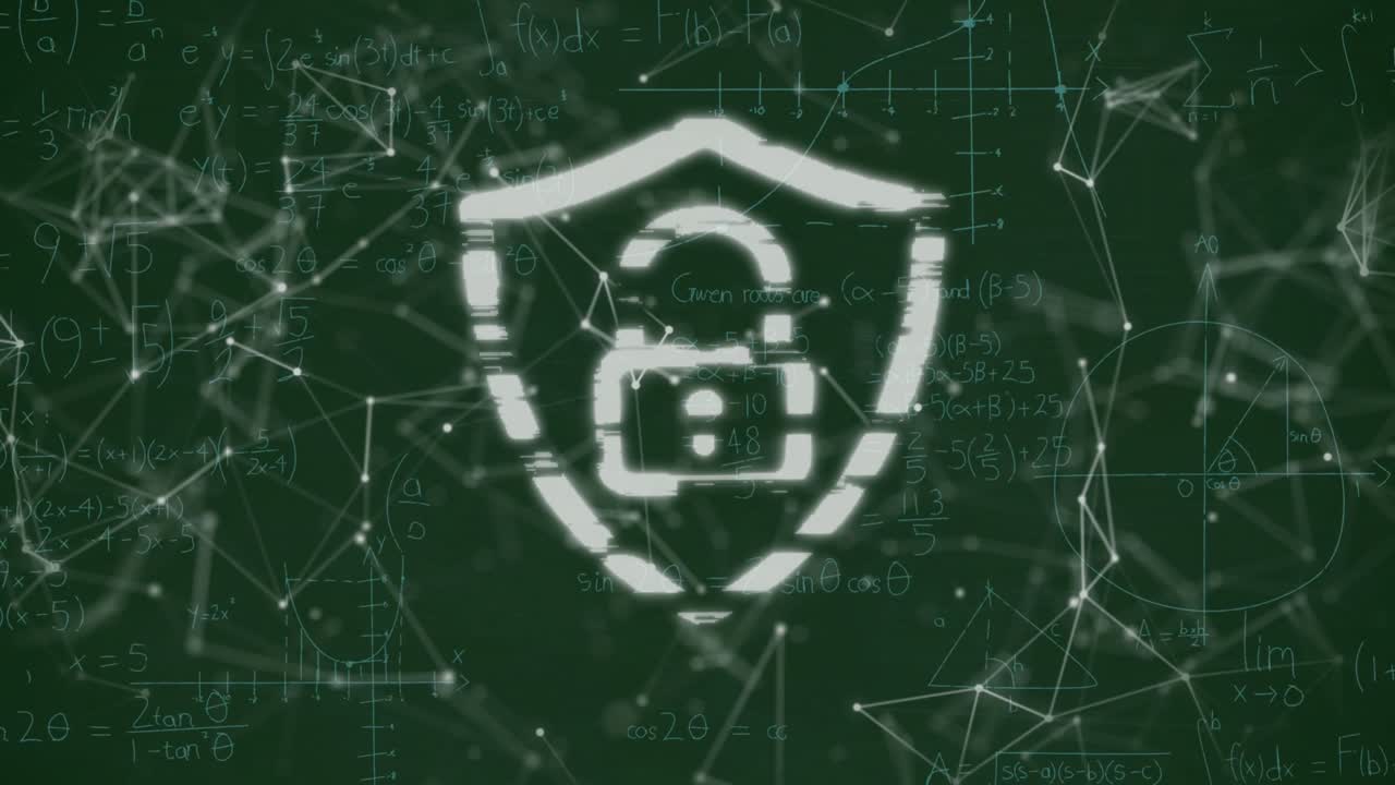 Animación de icono de candado y escudo sobre red de comunicación y cielo estrellado