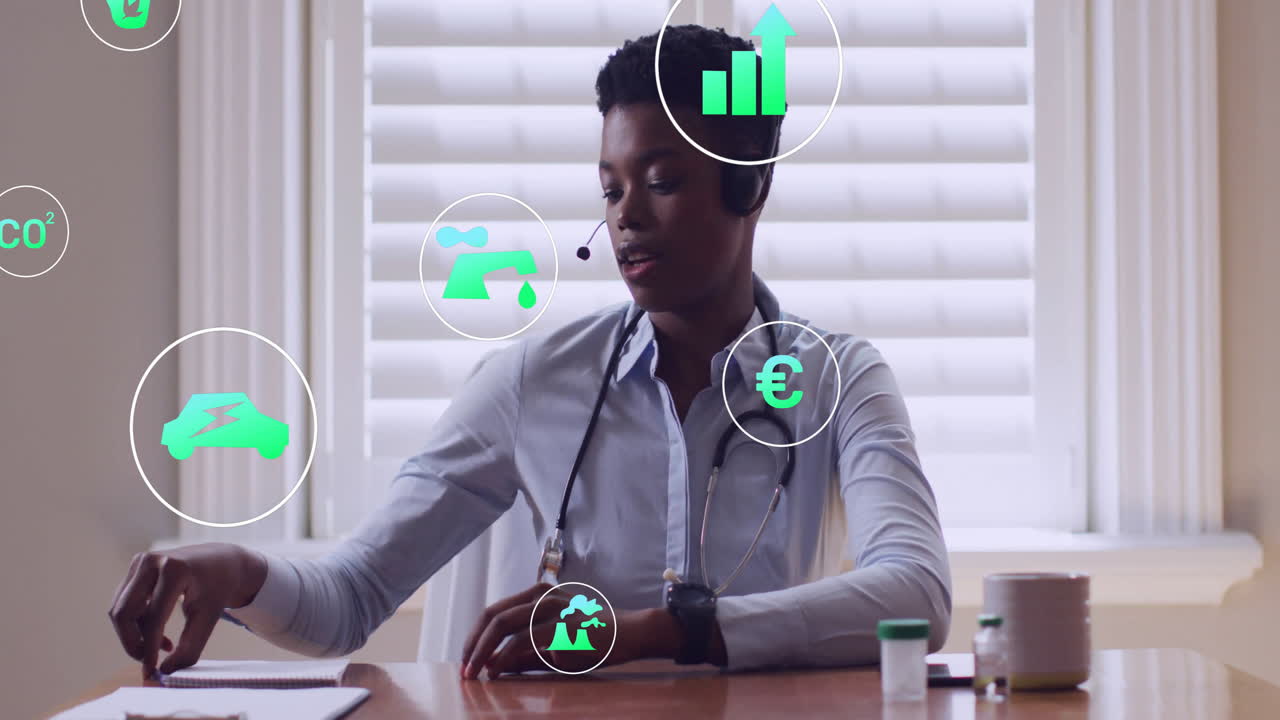 Analysant des données avec une animation de technologie verte, un professionnel de la santé en milieu scolaire