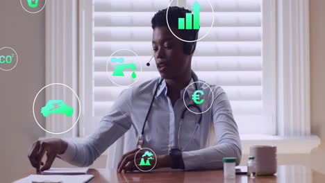 Analyzing data with green technology animation, medical professional in school setting