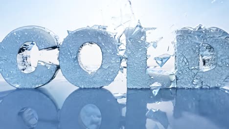 ice breaking away from letters forming the word cold, creating reflections on a smooth surface