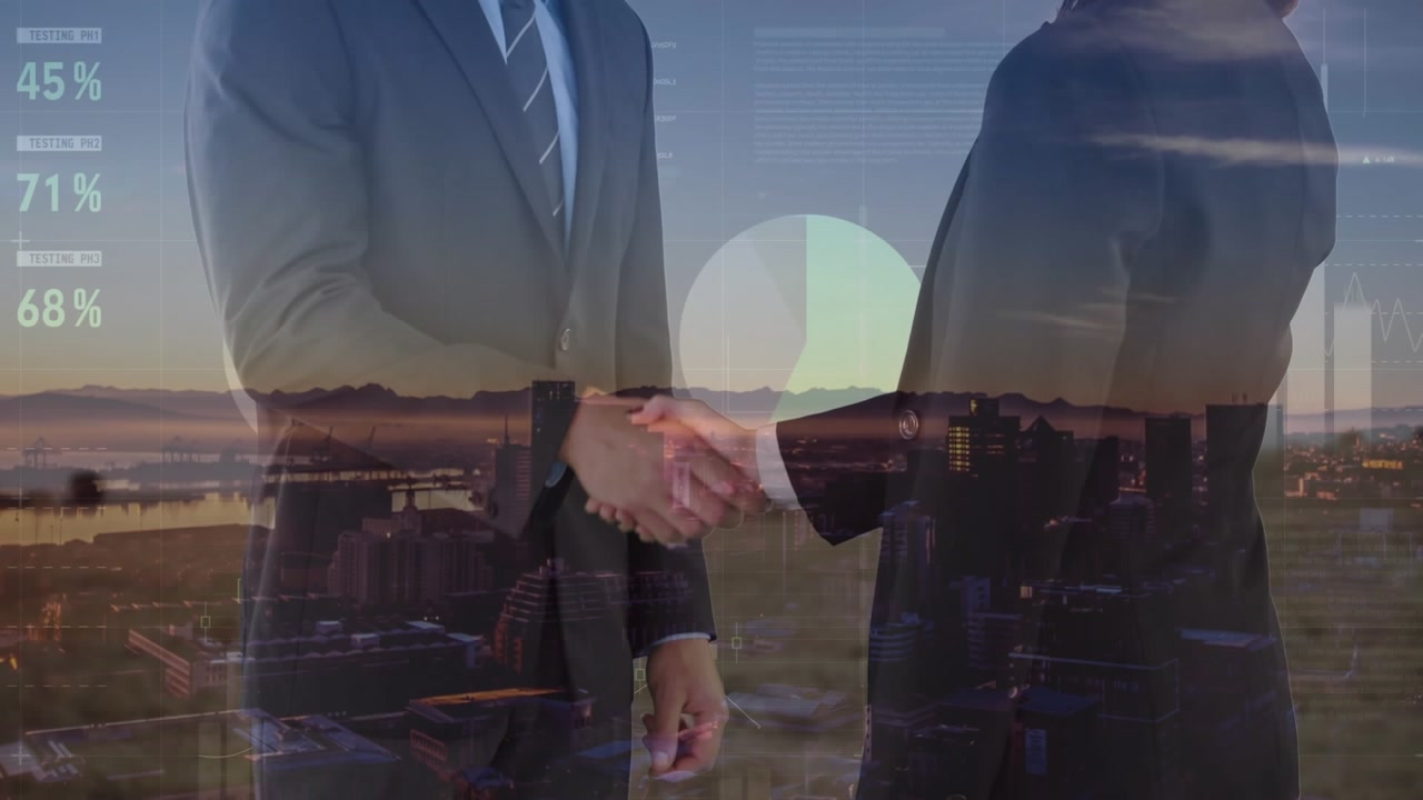 Animation of infographic interface over midsection of businesspeople shaking hands on cityscape