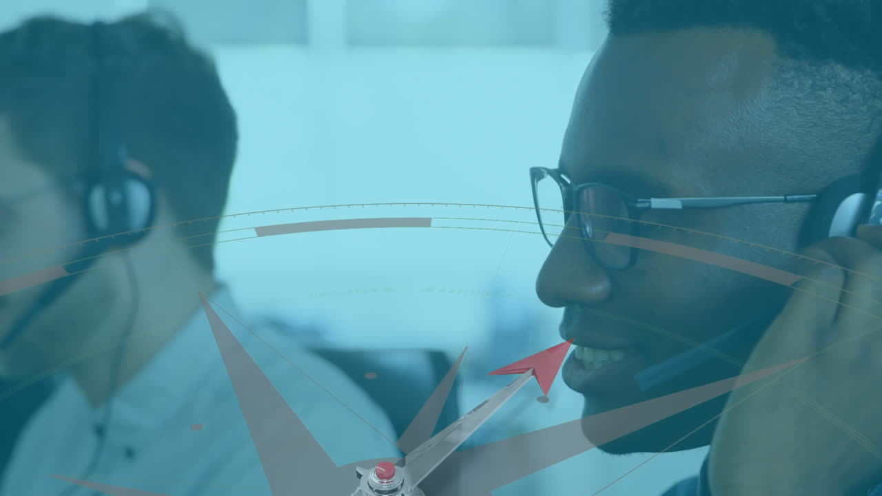 Animation of group of happy multi-ethnic call centre workers wearing headsets