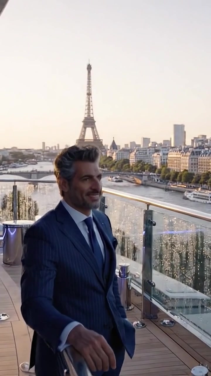 Uomo elegante in abito si gode viste panoramiche della Torre Eiffel da un balcone lussuoso sul fiume Senna al tramonto, abbracciando la sofisticazione parigina