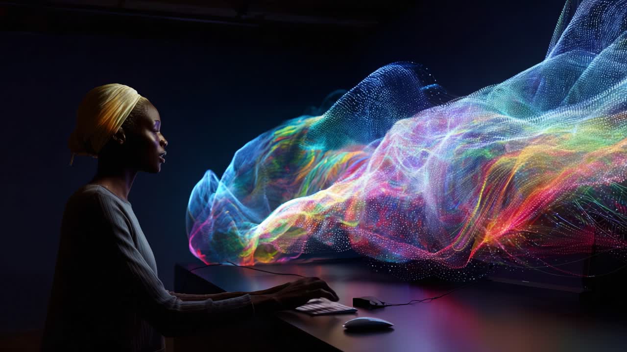 A futuristic scene depicting a focused individual immersed in digital creativity, engaging with vibrant colors and flowing patterns that symbolize the world of technology and innovation