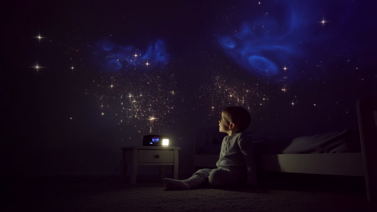 Child watching a star projector displaying a galaxy in a dark bedroom