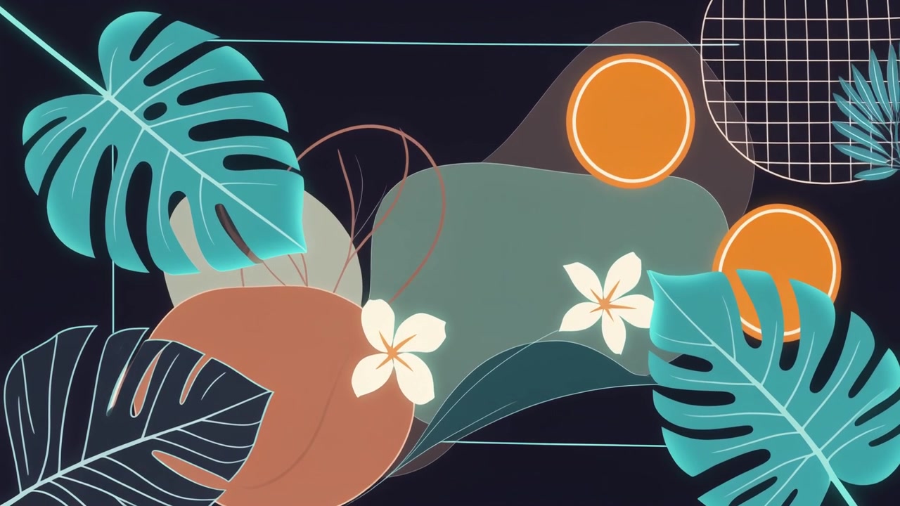 Abstract Tropical Motion Graphic with Monstera Leaves and Geometric Shapes