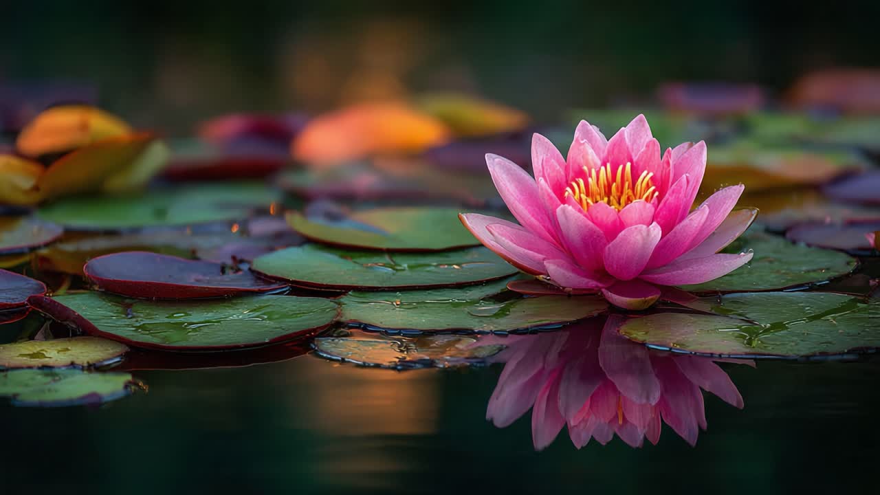A Beautiful Pink Lotus Flower Blooming on Tranquil Water Surrounded by Lush Green Leaves, Capturing Serene Nature in Stunning Detail and Vibrant Colors