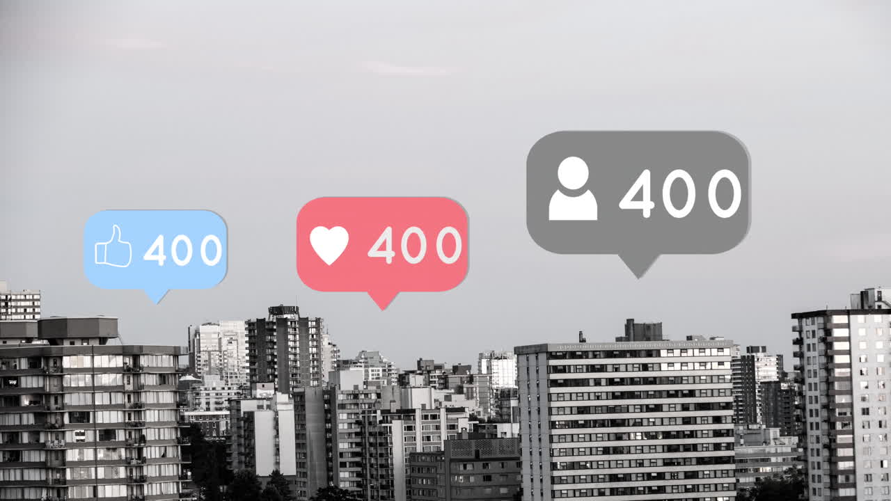 City with increasing likes and hearts 4k