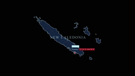 blue stylized new caledonia map with noumea capital city and geographic coordinates on black background