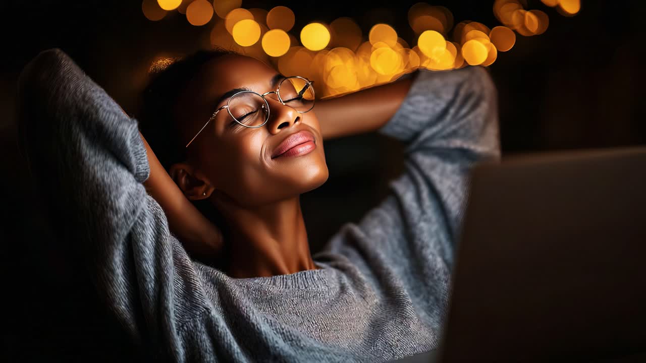 Relaxing Moments: A Young Woman Enjoys the Warm Glow of Cozy Lights While Taking a Break at Her Laptop, Finding Peace Amidst the Evening's Gentle Ambiance and Soft Colors