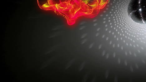glowing red yellow particle mesh hovering above floor while disco ball casting dotted reflections