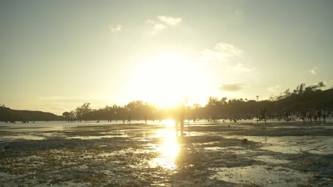 Silueta-De-Guerrero-Masai-Caminando-En-La-Playa-Retroiluminada-Con-Puesta-De-Sol-En-Watamu,-Kenia