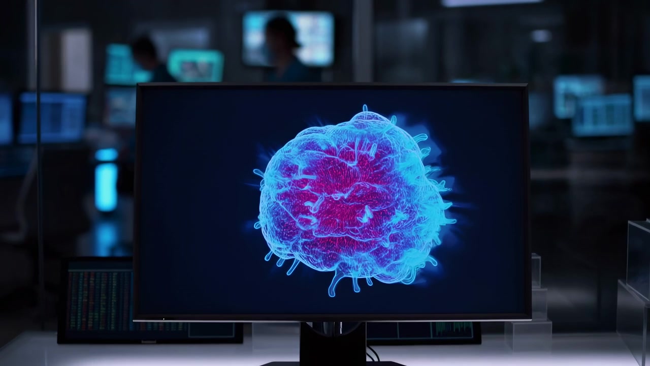 Frontal eye-level view of desktop monitor on glossy desk showing detailed blue and magenta cell visualization against dark background, with blurred technicians, clinical equipment, and soft