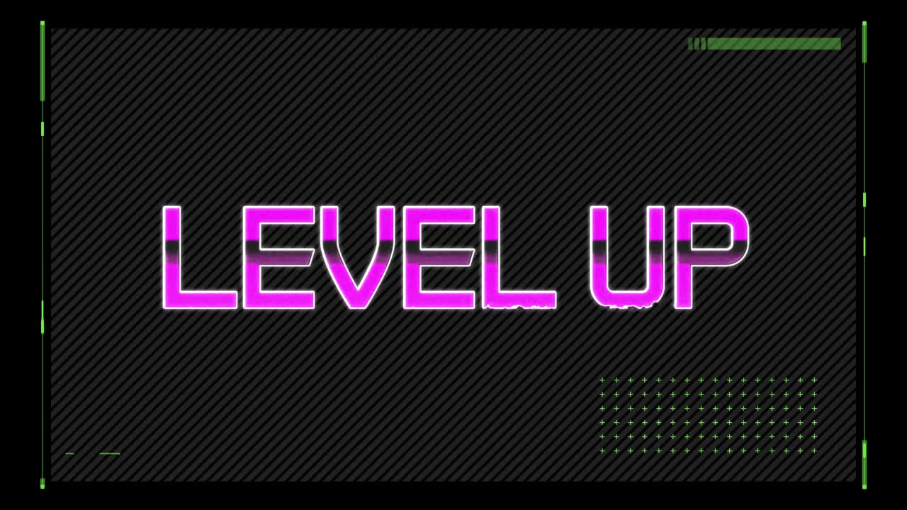 Animation of glitch effect over interface with level up text banner against black background