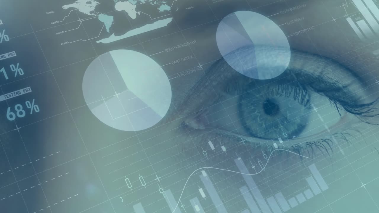 Animation of financial data processing with statistics over woman's eye