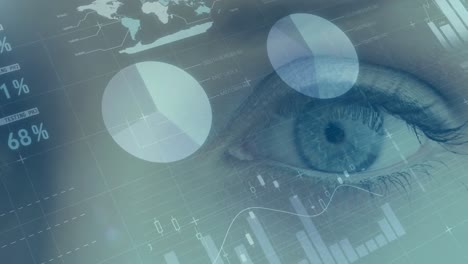 Animation of financial data processing with statistics over woman&#039;s eye