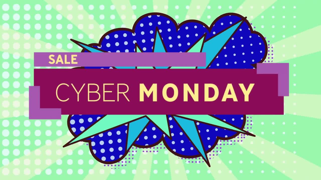 사이버 월요일 판매의 애니메이션 녹색 배경에 레트로 연설 거품 위의 텍스트