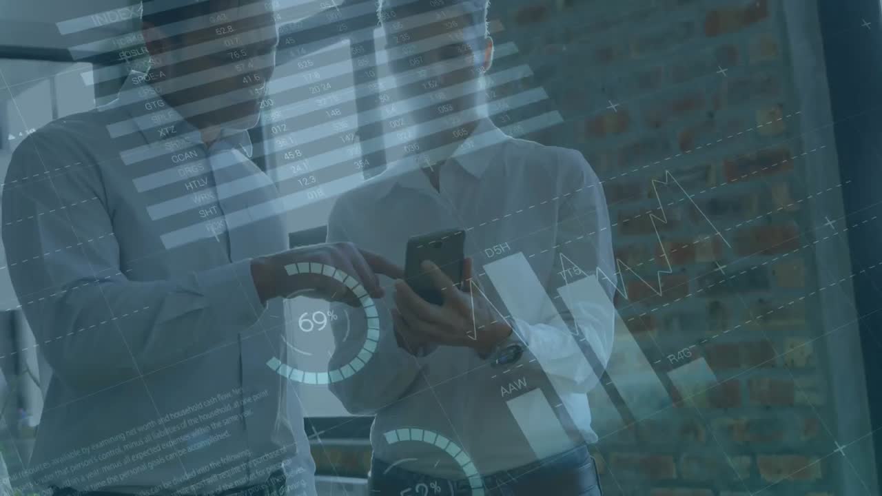 Animation of infographic interface over caucasian coworkers discussing reports on cellphone
