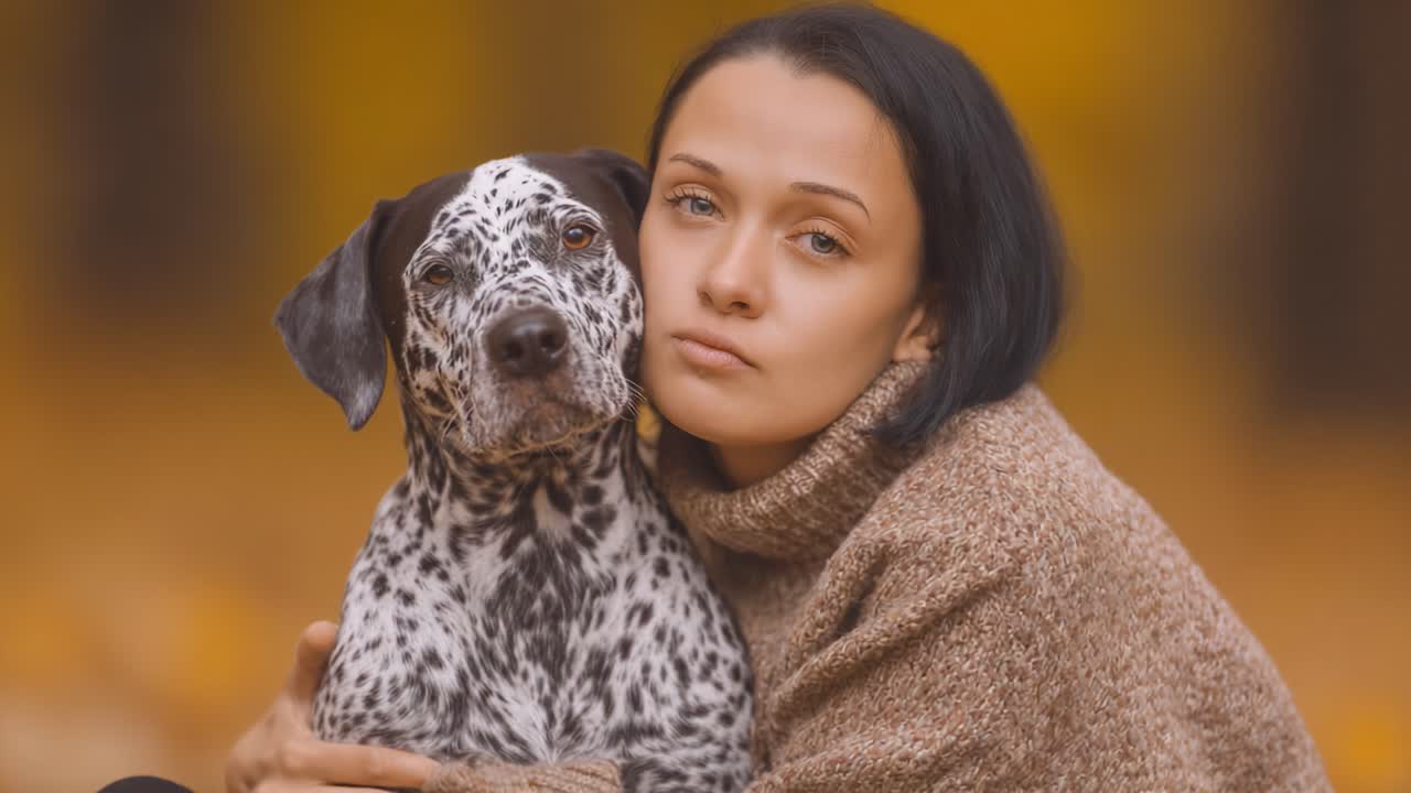 Um Momento Íntimo Capturado: Uma Jovem Abraça Seu Amado Cão em Meio a uma Paisagem Serena de Outono com Tons Quentes e Beleza Natural