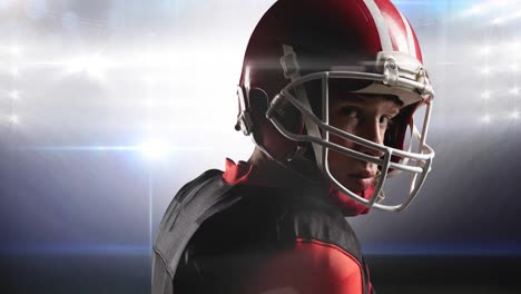 animation of lights over american football player in helmet at floodlit stadium