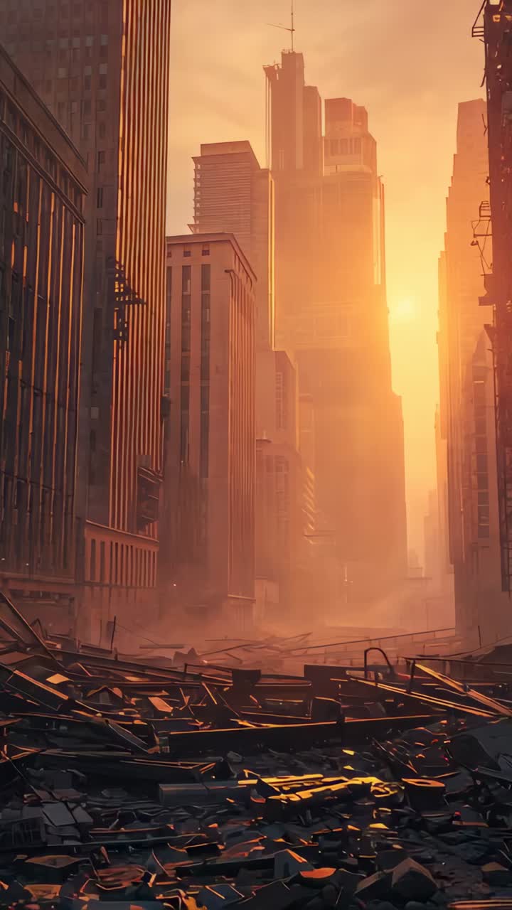 Vertical video: Ending hold, camera gliding down urban avenue through rubble, concrete, metal beams