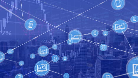 Animation-of-network-of-connections-with-icons-and-data-processing-over-cityscape