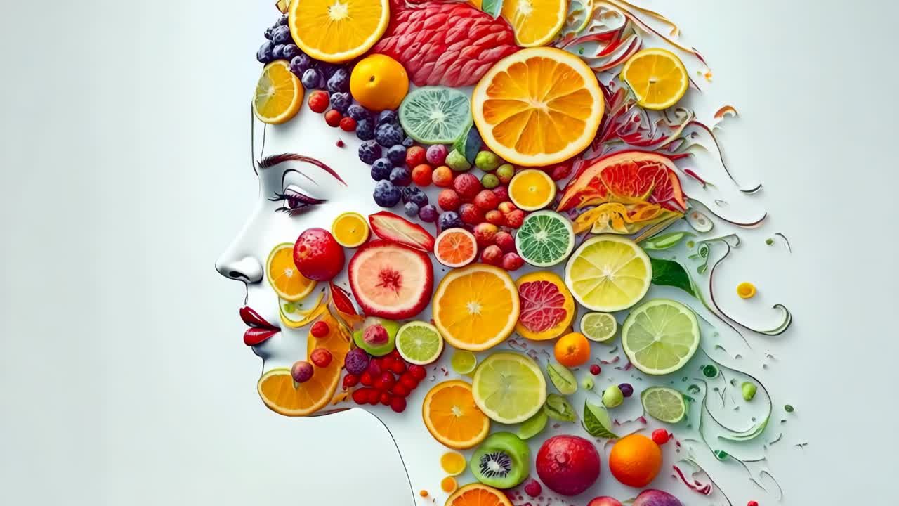 el rostro de una mujer hecho de frutas y verduras