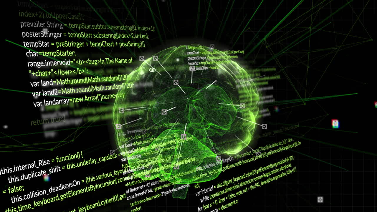 animación del procesamiento de datos y el cerebro en fondo negro