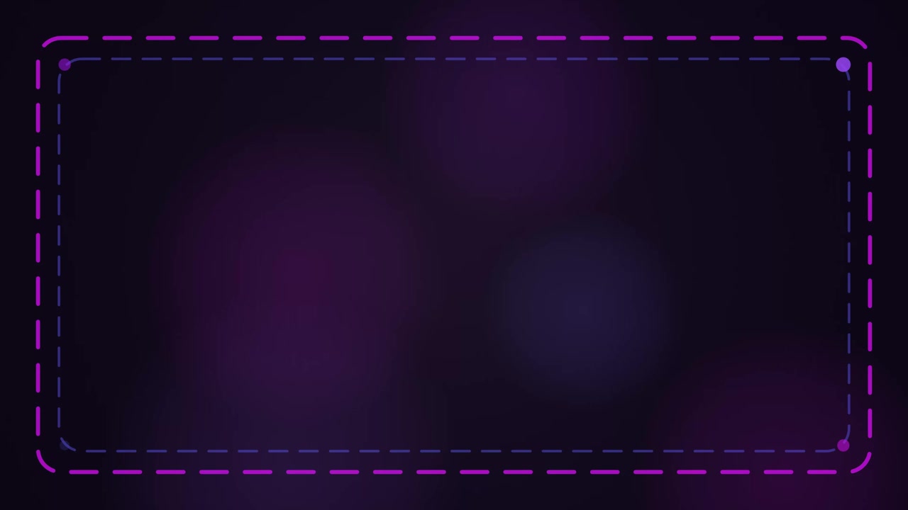 Seamlessly looping purple neon dashed frame with soft glowing bokeh lights on dark background.