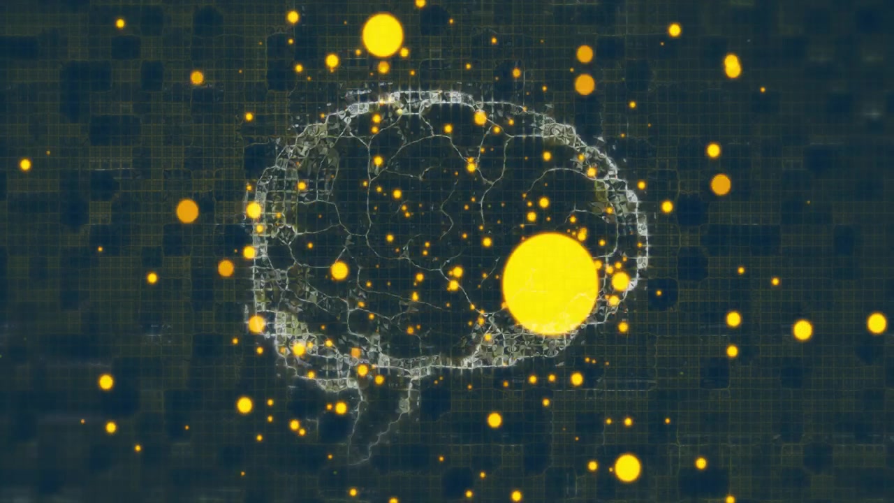 Golden points emerging sparking wireframe brain forming with glowing dots showing neural connection