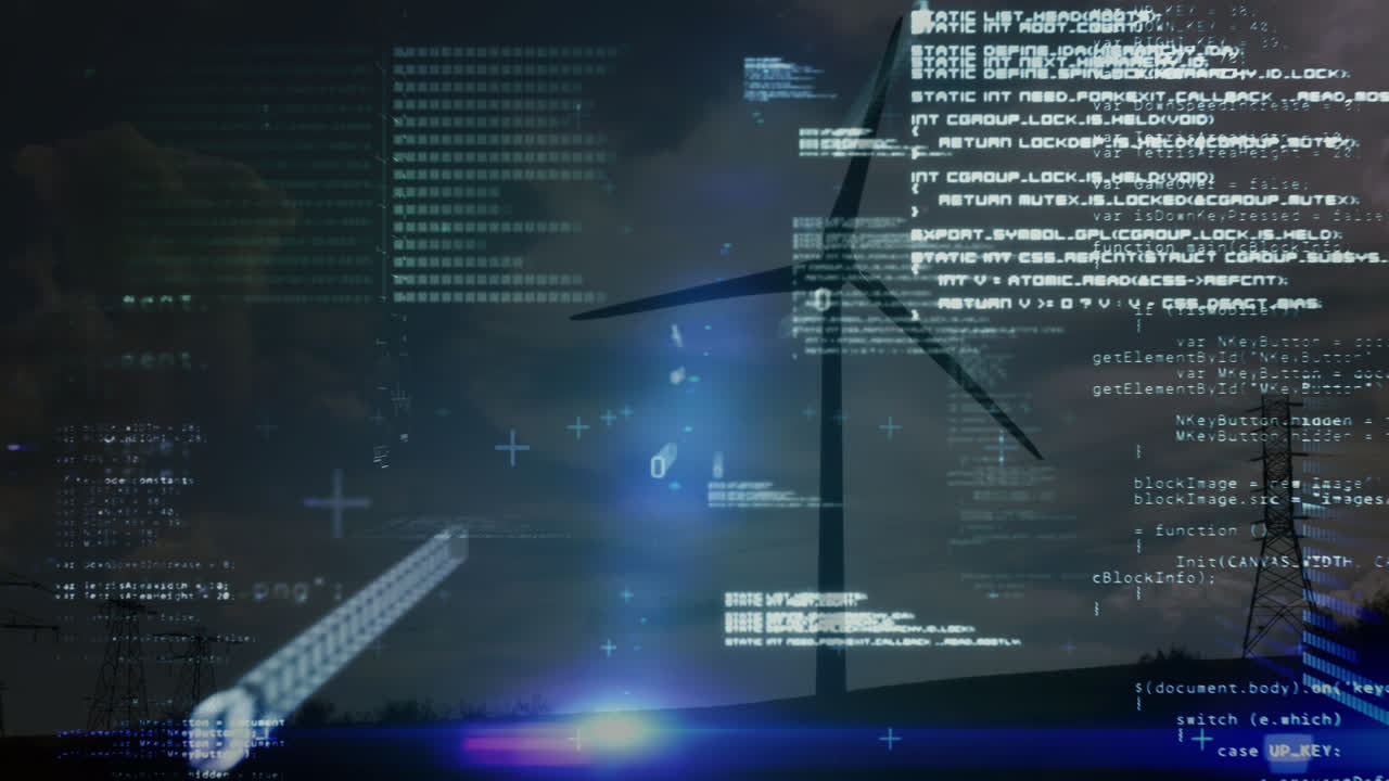 animazione dell'elaborazione dei dati su turbina eolica e cielo con nuvole