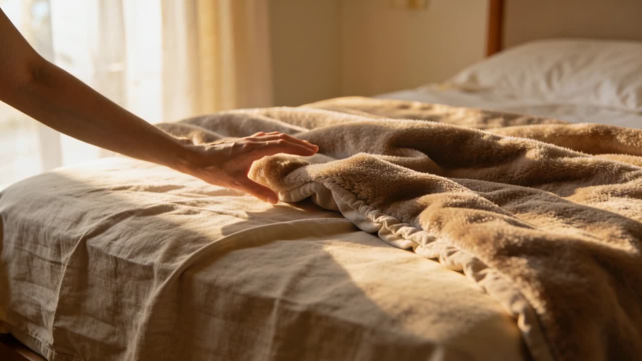 Avambraccio che si estende da sinistra, afferrando una coperta e lisciandone le pieghe per lo styling di interni.