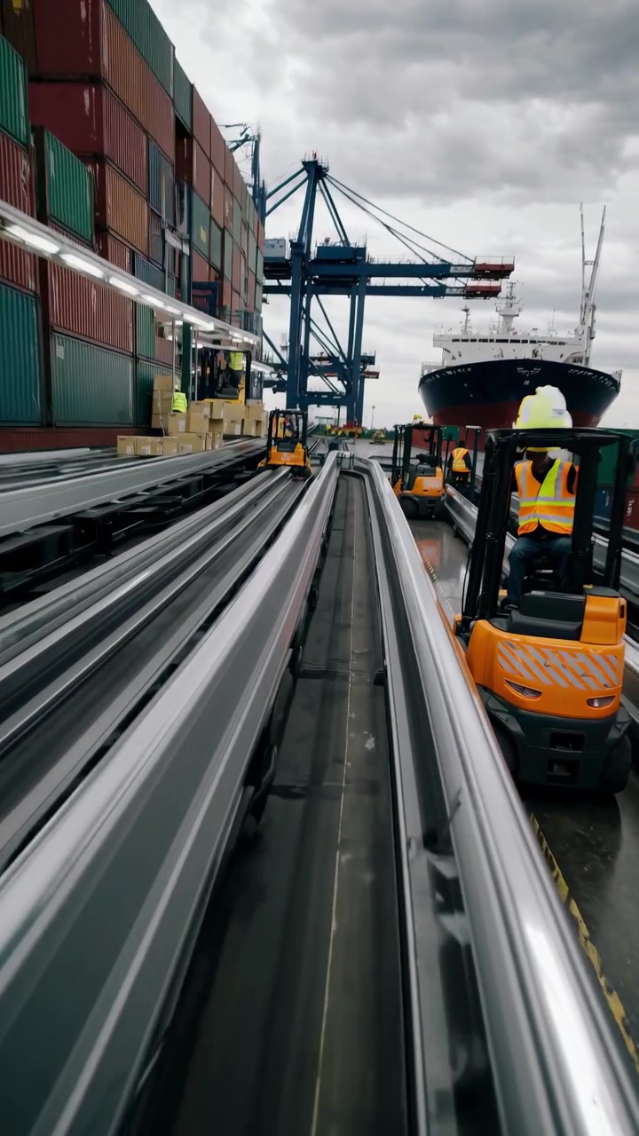 Forklift Operators Working at a Busy Shipping Port Terminal