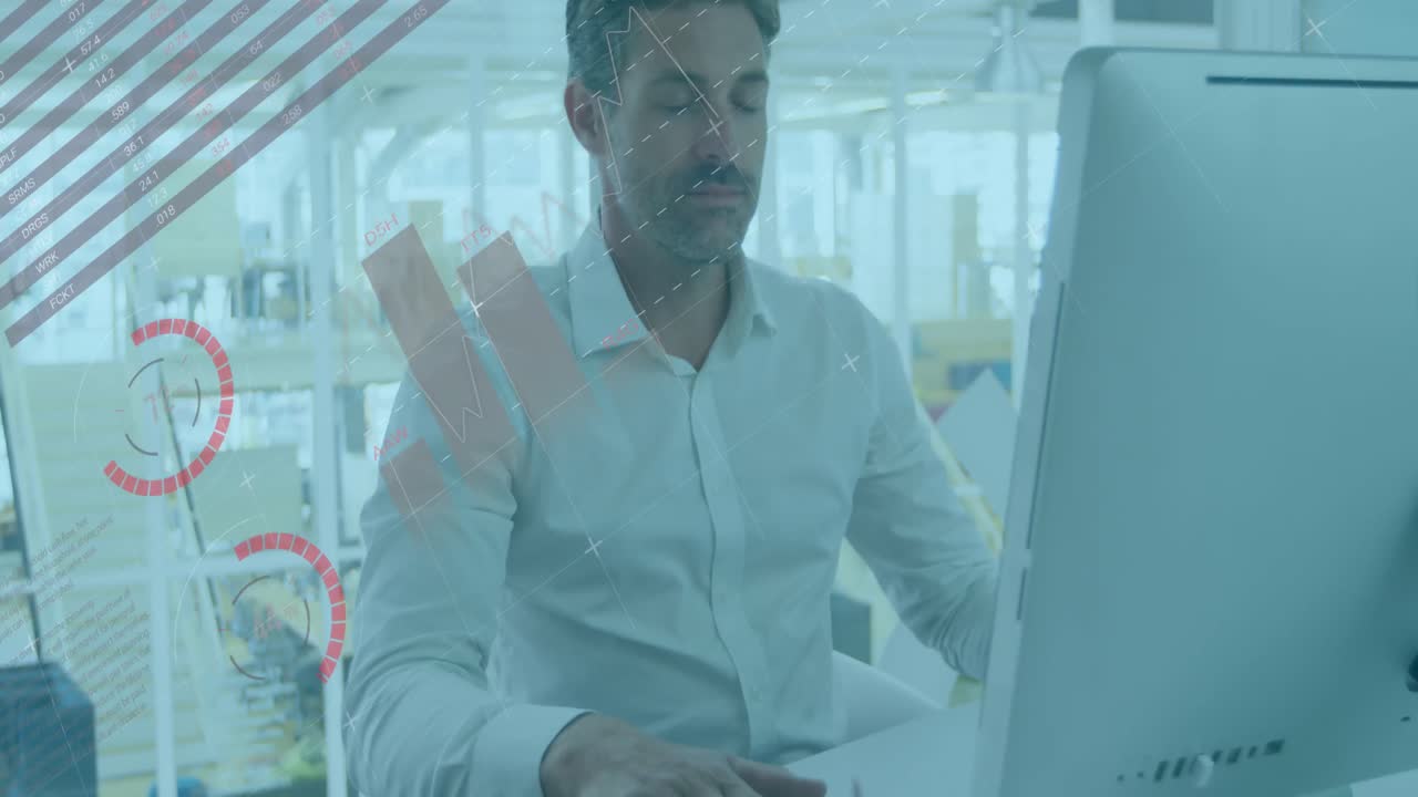 animación de procesamiento de datos estadísticos contra el hombre caucásico meditando en la oficina.