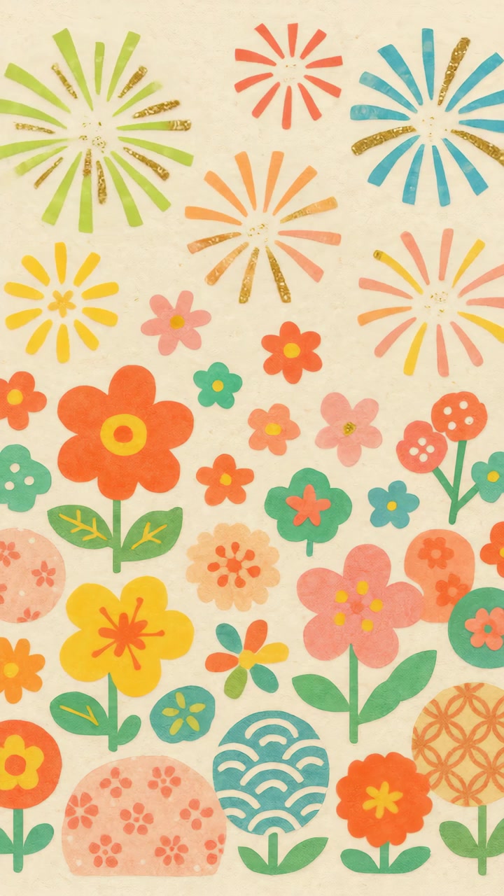 Vibrant Whimsical Floral and Fireworks Pattern Background