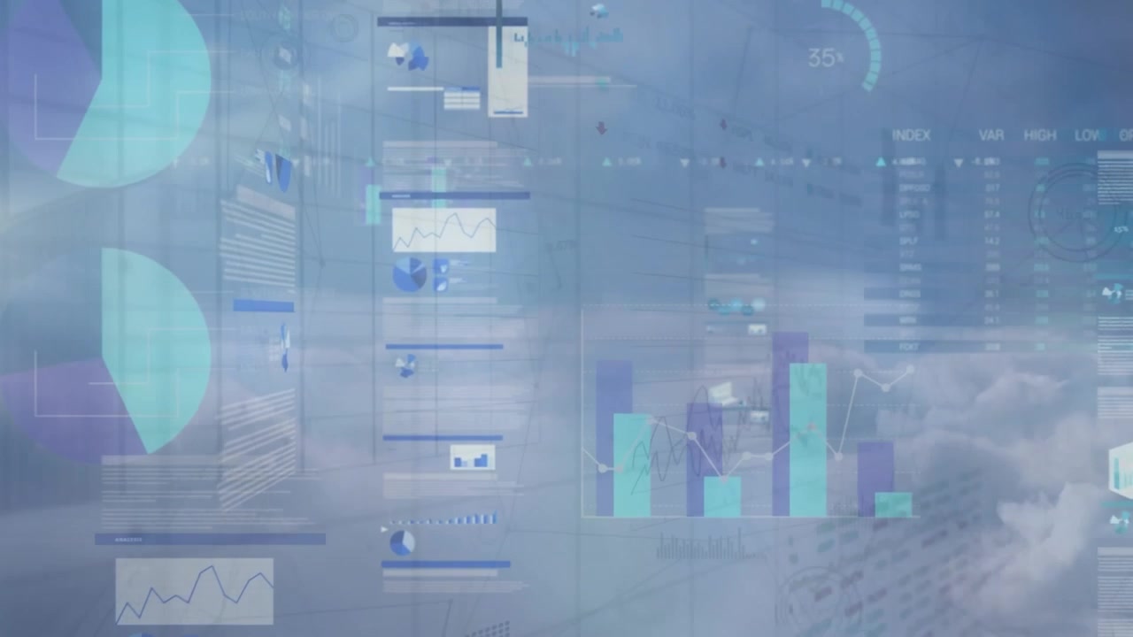 Animation of screens with statistical data processing against clouds in the blue sky
