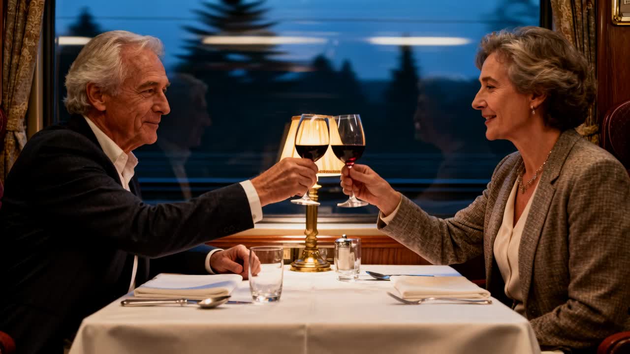 Toasting senior couple wearing blazers in train dining car at dusk, celebrating dinner by lamp