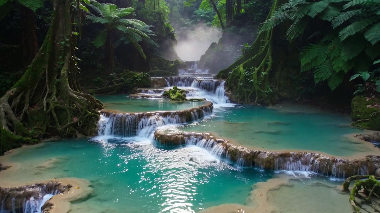 Kamera bergerak memperlihatkan kolam travertine bertingkat berwarna pirus di ngarai, menunjukkan air terjun dan riak.