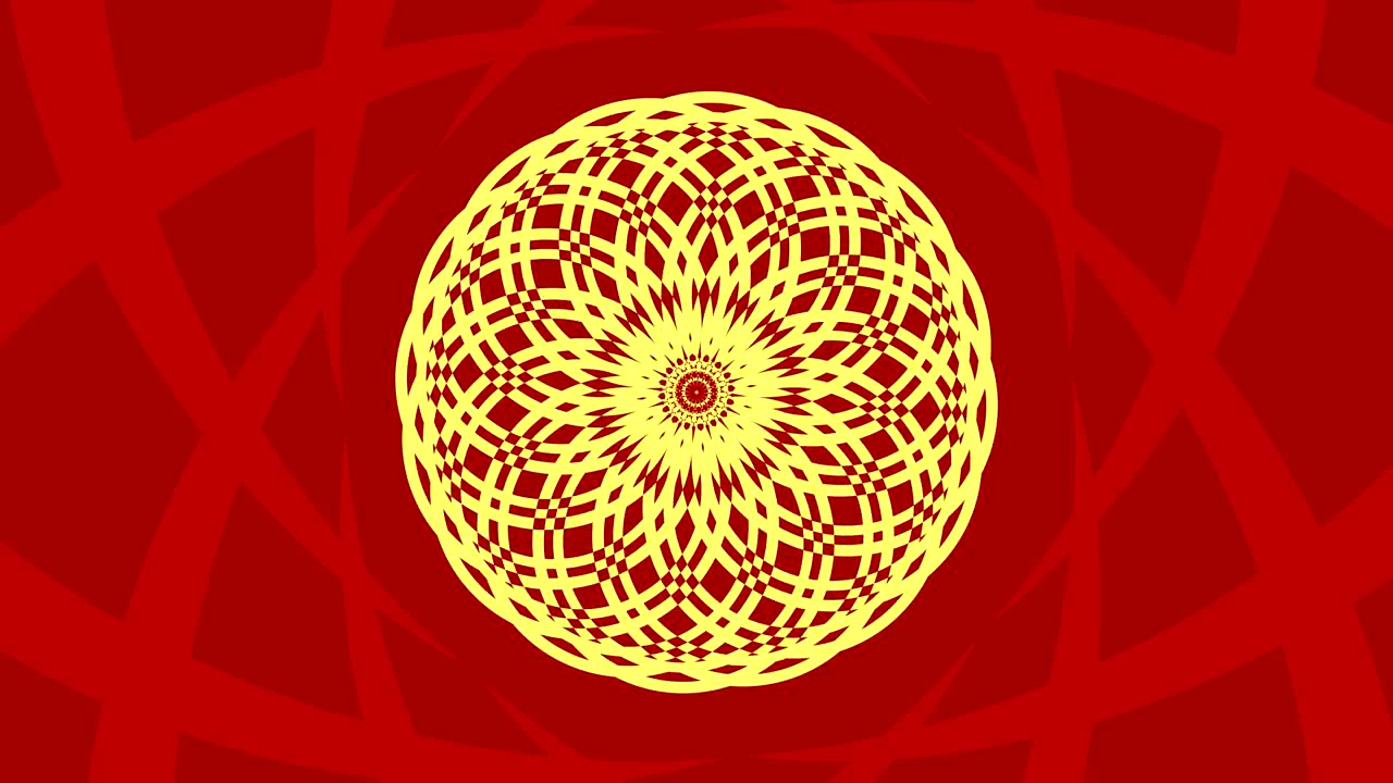 objeto gráfico que gira en el centro, aumentando y luego reduciendo el tamaño dentro de un marco gráfico, mientras que el fondo cambia rápidamente de color creando un efecto psicodélico, en formato de video 16: 9