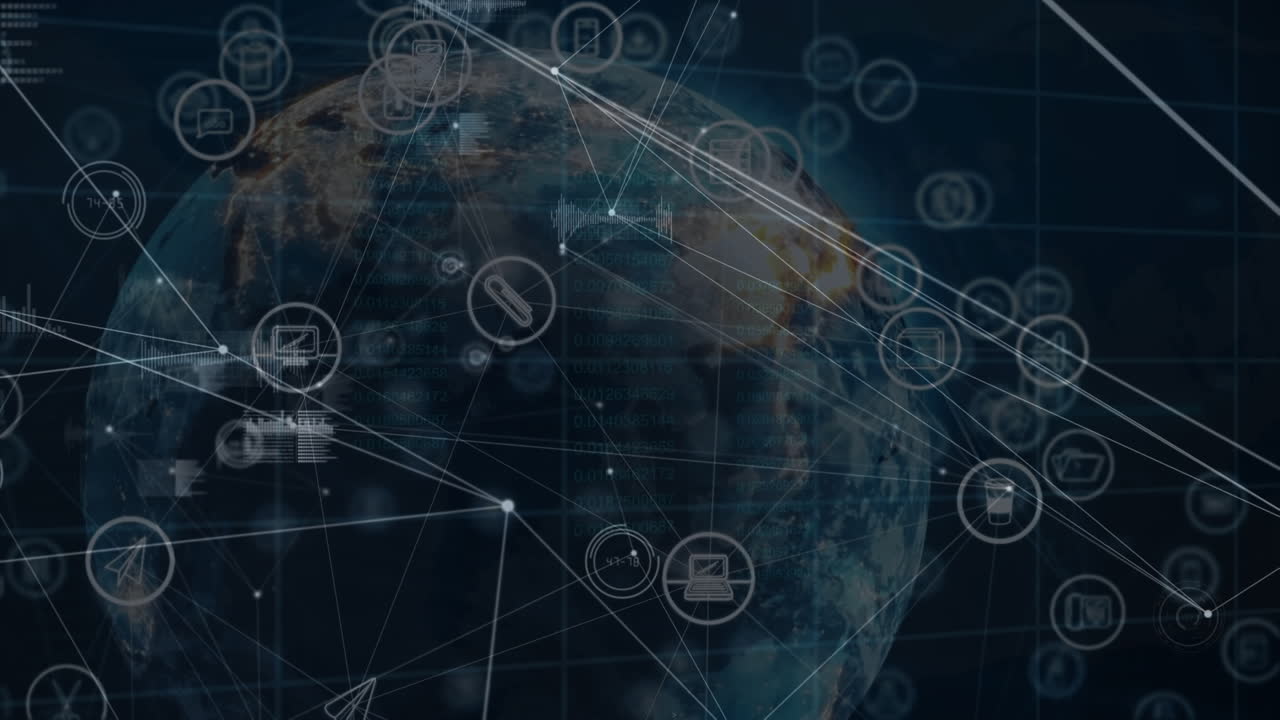 Animation of network of connections with icons and globe on black background