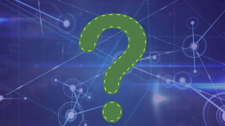 Animation of question mark over network of connections on blue background