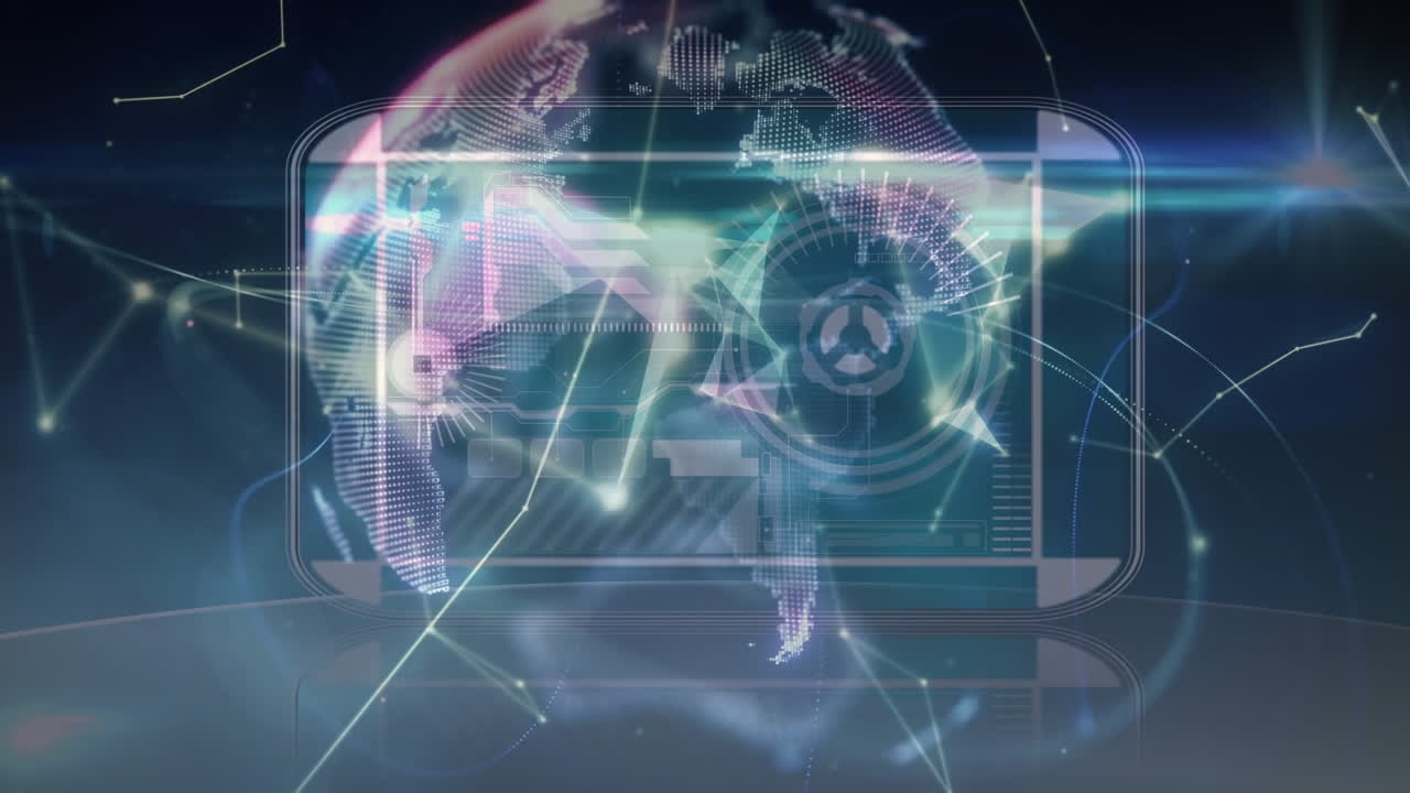 animación de la red de conexiones y procesamiento de datos con globo sobre fondo negro