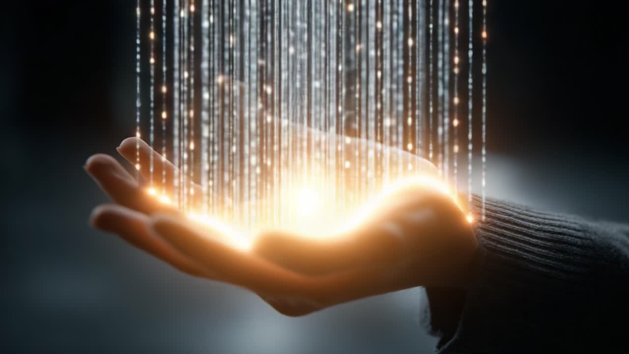 A Mesmerizing Display of Light and Energy in Open Hands, Representing Creativity, Possibilities, and Connection to the Universe through Radiant Particles