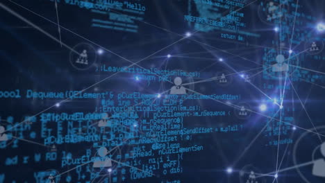 animación de la red de conexiones con iconos y datos sobre fondo oscuro