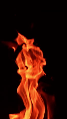 tongues of orange flame rising up high. tiny glaring sparkles fly up from bonfire. black backdrop. vertical video