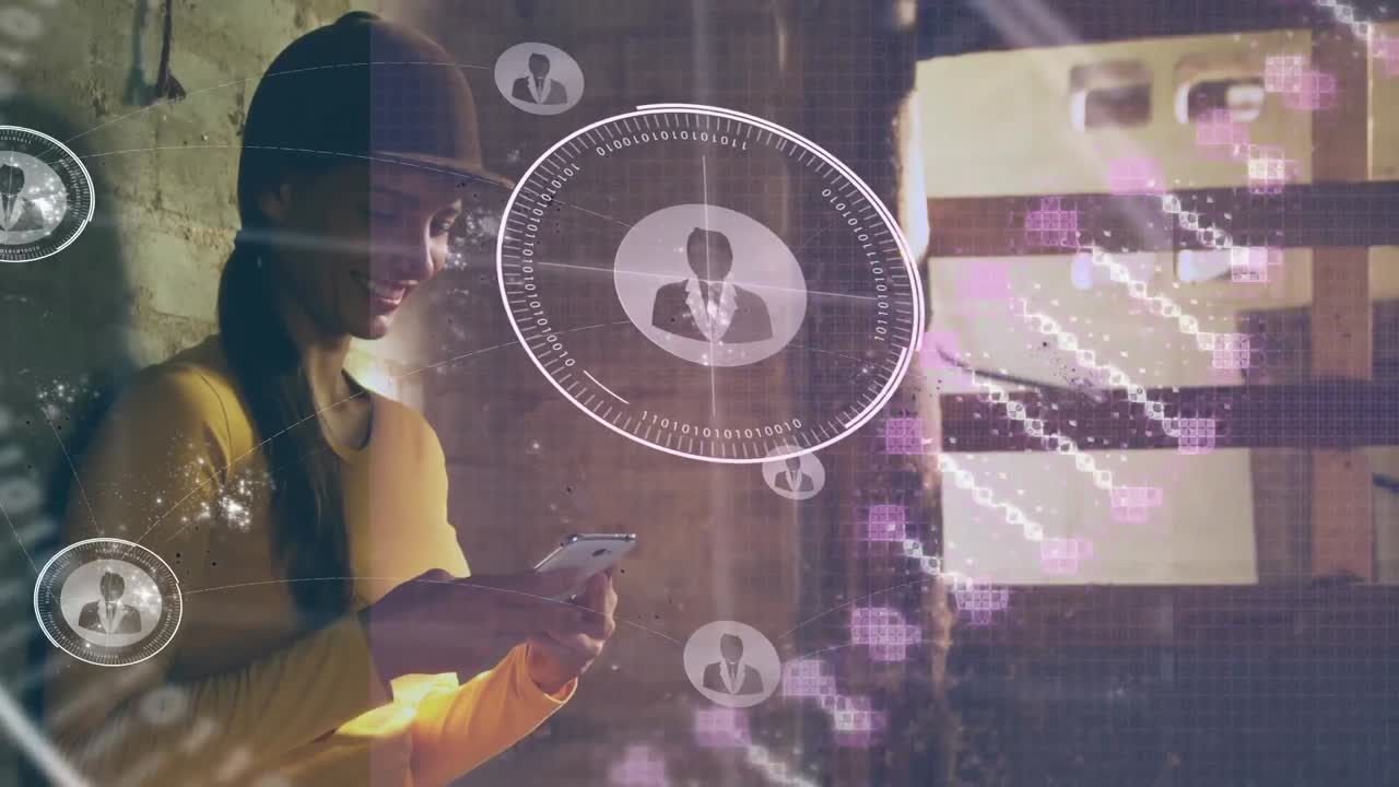 Animation of dna strand and icons over biracial woman using smartphone