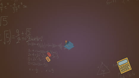 animación de ecuaciones matemáticas e iconos de conceptos escolares flotando contra un fondo de gradiente