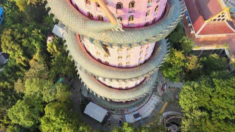 4k top down shot of wat samphran temple at dawn