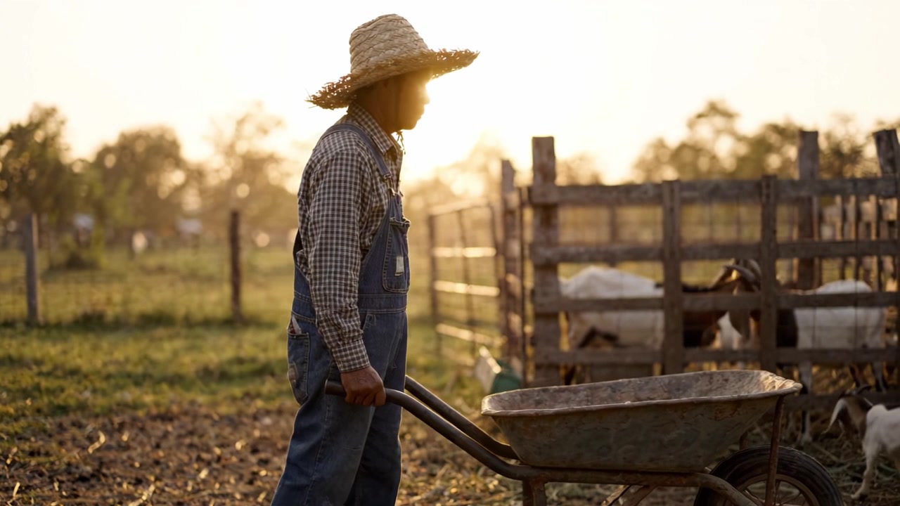 Um fazendeiro com chapéu de palha empurra um carrinho de mão por um pasto ensolarado, cuidando do gado e incorporando a vida rural e a dedicação às práticas agrícolas