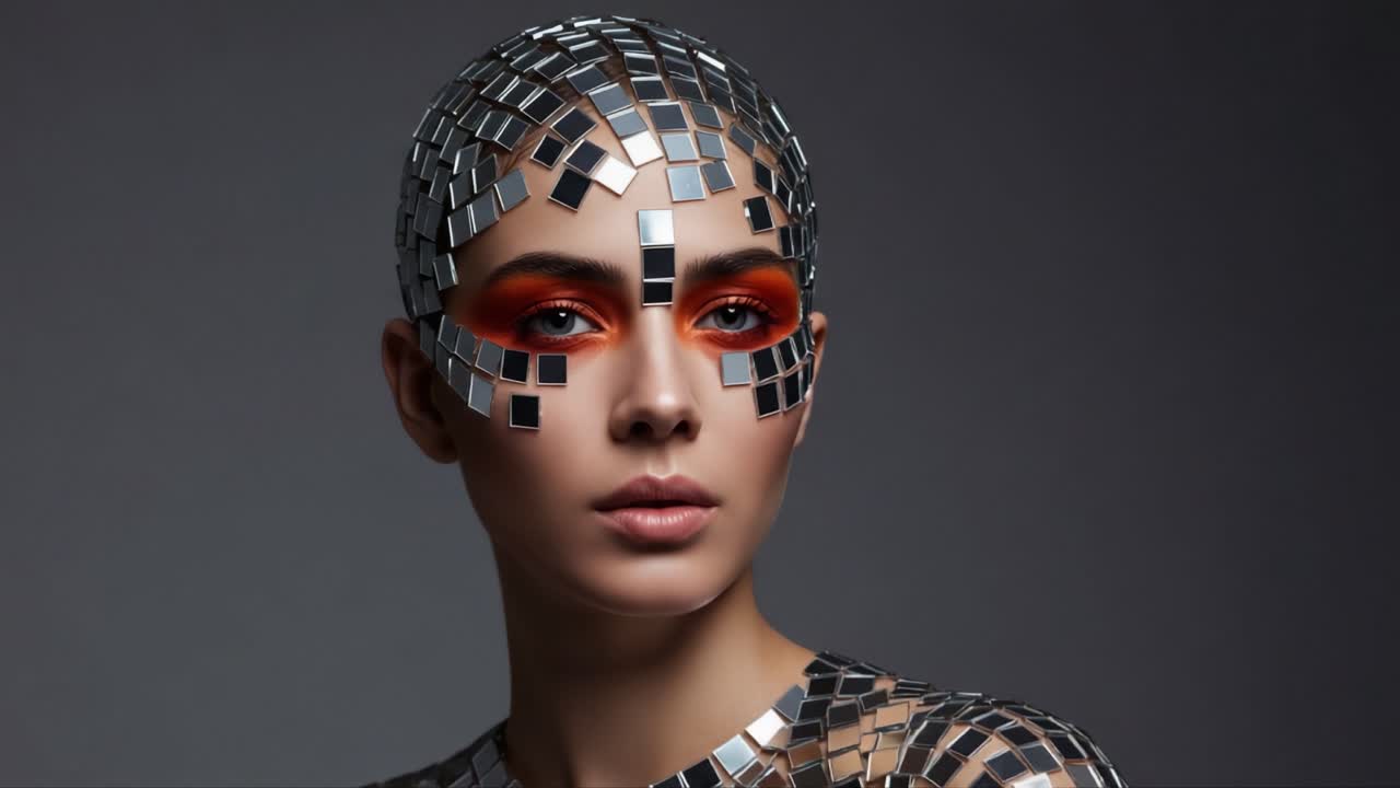 Ethereal Portrait of a Model with Mirror Mosaic Makeup and Striking Orange Eyeshadow Creating a Futuristic and Artistic Visual Experience